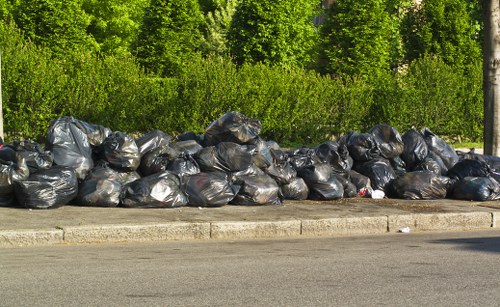 A large pile of black plastic rubbish bags filled with waste items is stacked along the edge of a paved street, with a curb separating the bags from the roadway. The bags appear to be tightly sealed and vary slightly in shape and size, indicating a collection of household or commercial waste awaiting removal. Behind the pile, there is a dense line of green foliage and trees, suggesting a natural or park area nearby, with bright sunlight illuminating the scene. The setting appears to be outdoors in an urban or suburban area, possibly in or near Shadwell, with the waste accumulation indicative of rubbish removal or clearance activities in progress. The image highlights the need for professional rubbish disposal services, such as those offered by Office Clearance Shadwell, specializing in waste management and clearance solutions in the local postcode area.